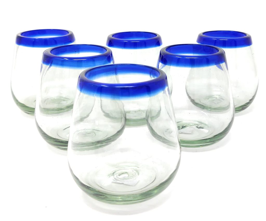 Dos Sueños Hand Blown Mexican Stemless Wine Glasses - Set of 6 Glasses with Cobalt Blue Rims (15 oz)