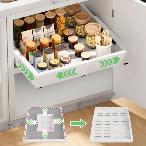 BUFOR 1 Pack Pull out Cabinet Organizer, Width (12"-19") Depth (17"-23"), with 3 Rails Adjustable Slide, Expandable Pullout Drawers for Cabinets, No Drill Adhesive Kitchen Drawers for Pantry Shelves