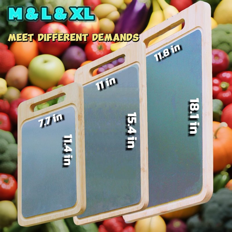 Flioriel 3PCS Dual-Sided Bamboo & Stainless Steel Cutting Board for Kitchen Non-Slip Juice Groove, Cutting Board for Meats, Vegetables & Fruit, Kitchen Gift for Home Chefs Cooking Enthusiasts (M+L+XL)