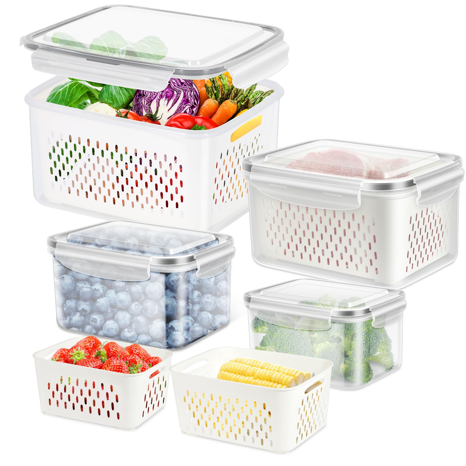 ODOMU 8 PS Fruit Storage Container for Fridge, Plastic Fruit Containers for Fridge with Removable Colander, Container for Fruit Berry Salad Lettuce, BPA Free Kitchen Refrigerator Organizers