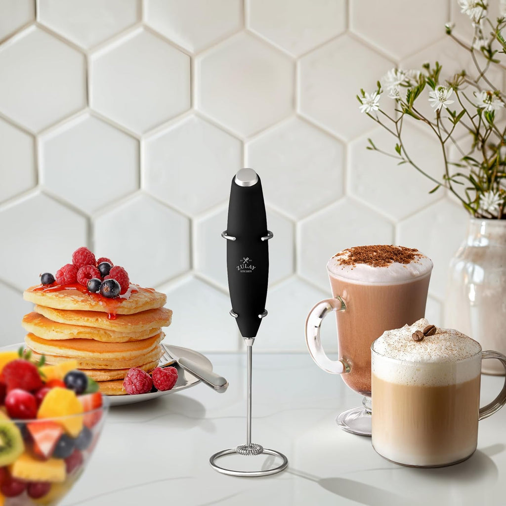 Zulay Premium Milk Frother Set - Handheld Coffee Frother with Stand & 12oz Pitcher | 4 Latte Art Stencils, 13,000 RPM Motor