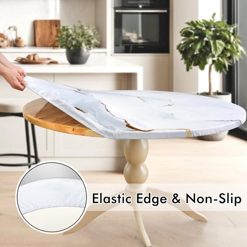 Betylifoy Round Vinyl Fitted Tablecloth with Elastic Edge Waterproof Table Cloth White Marble Wipeable Table Cover Fits 45"-56" Round Tables for Dining Picnic Camping