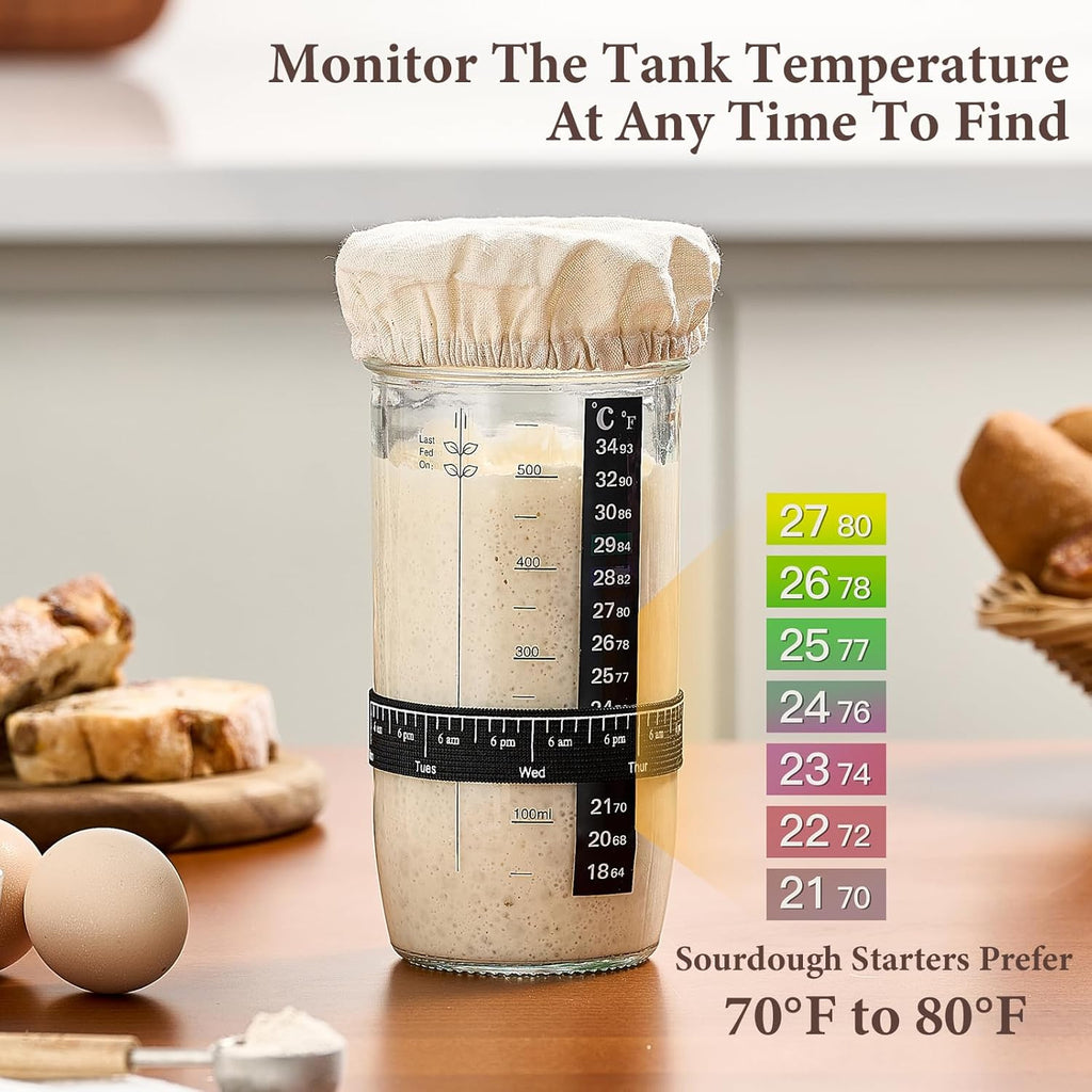 Skiennix Glass Sourdough Starter Jar Set - 24 oz Wide Mouth Kit with Date Marked Band & Thermometer