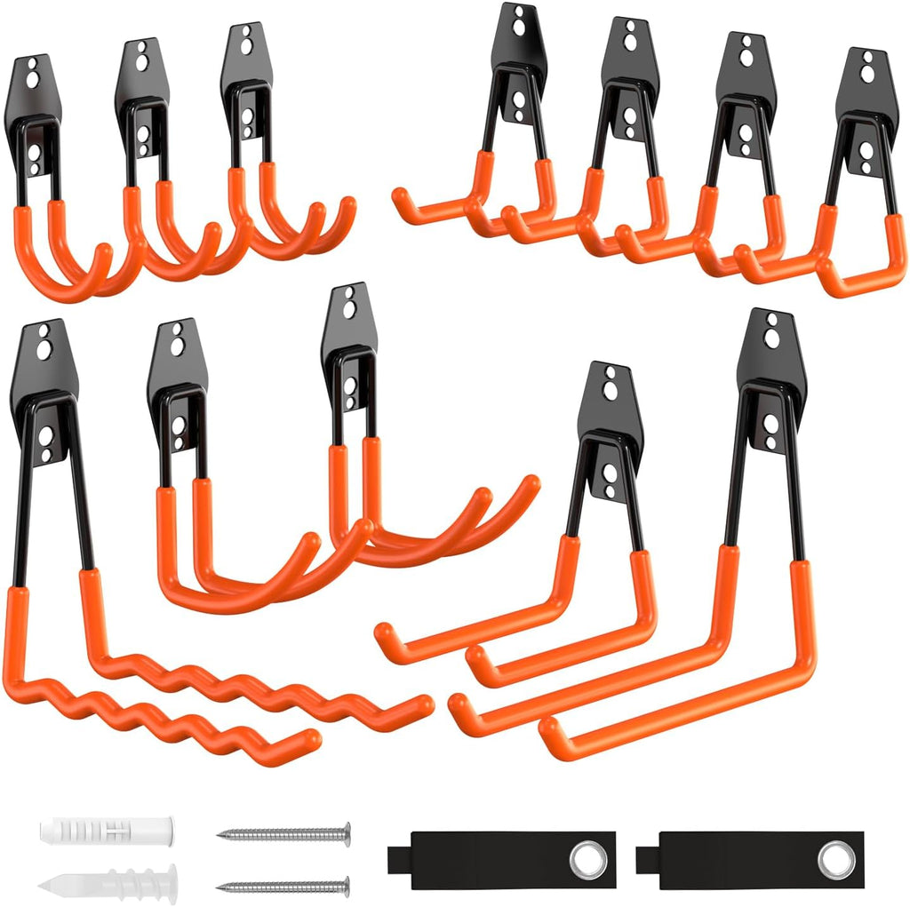 Skiennix Heavy Duty Garage Hooks - 14 Pack Utility Steel Wall Mount Tool Organizer for Bikes, Ladders & Garden Tools
