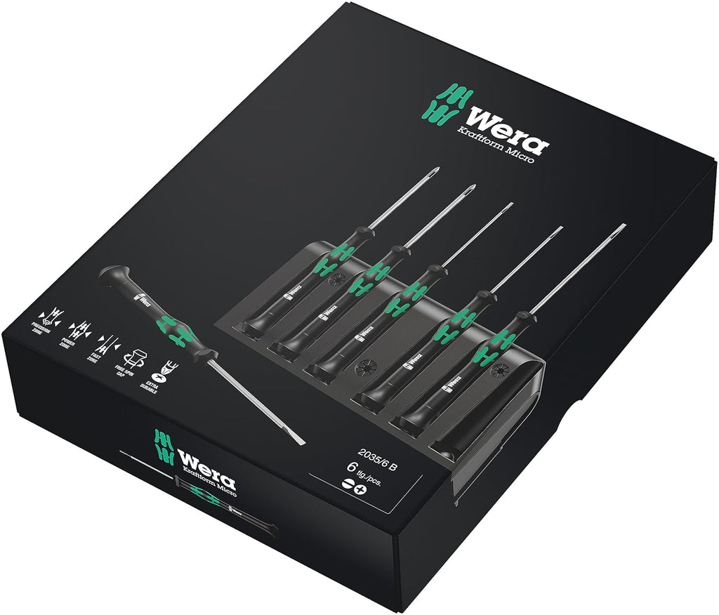 Wera 2035/6 Micro Slotted & Phillips Screwdriver Set - 6-Piece with Convenient Rack