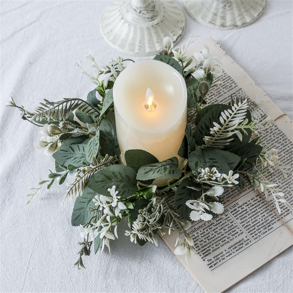 Skiennix 10-Inch Artificial Eucalyptus Leaves Wreaths - Boho Candle Rings for Home Decor (Green, 2-Pack)