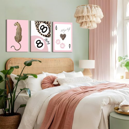 Funky Lucky You | Trendy Leopard Canvas Wall Art Set of 3 - Pink Cheetah Prints for Girls' Bedroom, 12x16 Inch Framed