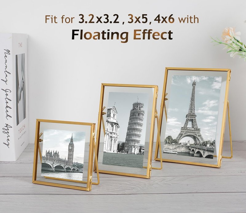 Jajamy Set of 6 Gold Glass Floating Picture Frame, Glass Pressed Flower Frames Collection, 4"x 4", 4"x 6", 5"x 7" Gold Picture Frame for Stand Tabletop Photo Display