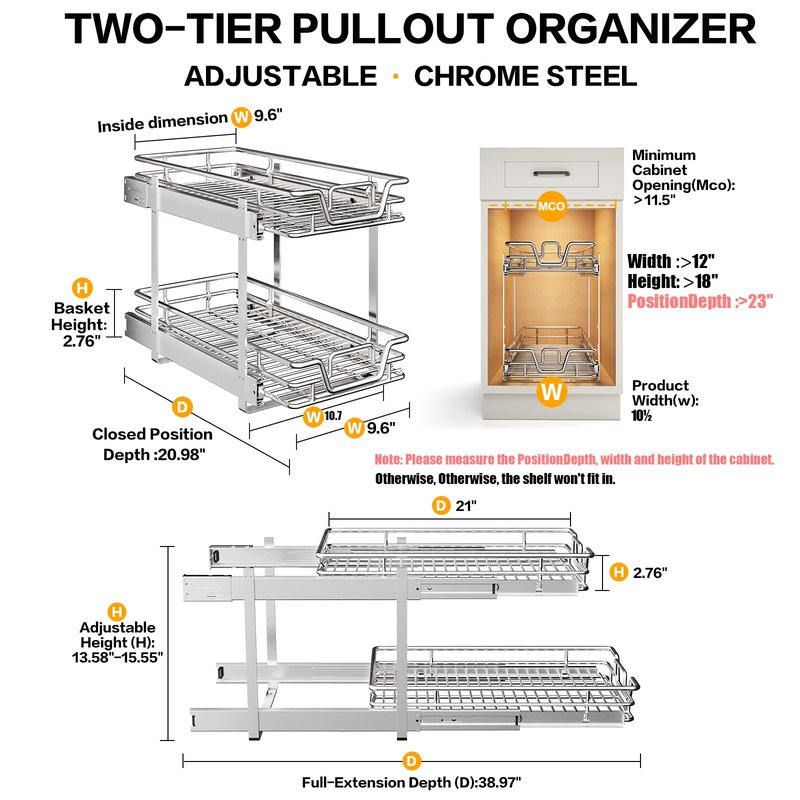QUYUWU 2-Tier Kitchen Cabinet Pull Out Shelf and Drawer Organizer Slide Out Pantry Storaqe Basket in Multiple Sizes (10.7x 21 D)