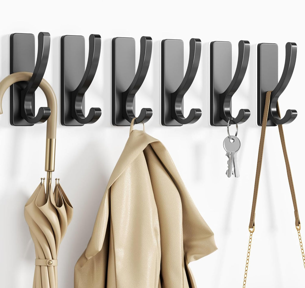 Pickpiff Adhesive Wall Hooks - Heavy Duty Sticky Hooks for Towels, Coats & Bags | No Damage, Black 4 Pack