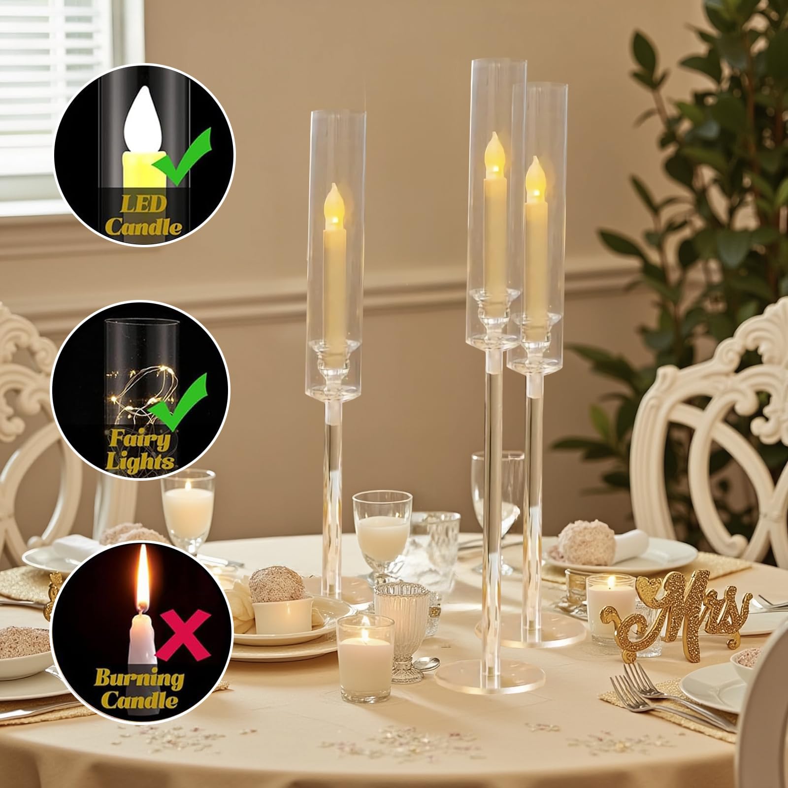 Vincidern 12pcs Taper Candle Holder Acrylic Candlestick Holder Clear Set for Table Centerpiece, Long Candle Stick Candle Stand Cylinder Shade for Wedding Party Dining Room Decor