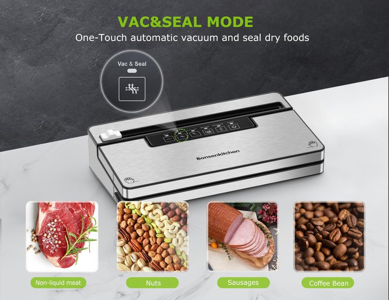 Bonsenkitchen Vacuum Sealer Machine, Stainless Steel Food Sealer Vacuum Sealers with 100 Bags & 1 Roll Bag, 5 Food Vacuum Modes, Built-in Cutter & Bag Storage, Silver-Black