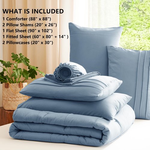 CozyLux Queen Comforter Set Grayish Blue, 7 Pieces Soft Pinch Pleat Bed in a Bag Queen Comforter Set with Sheets, Boho Bed Set with Down Alternative Comforter, Sheets, Pillowcases & Shams
