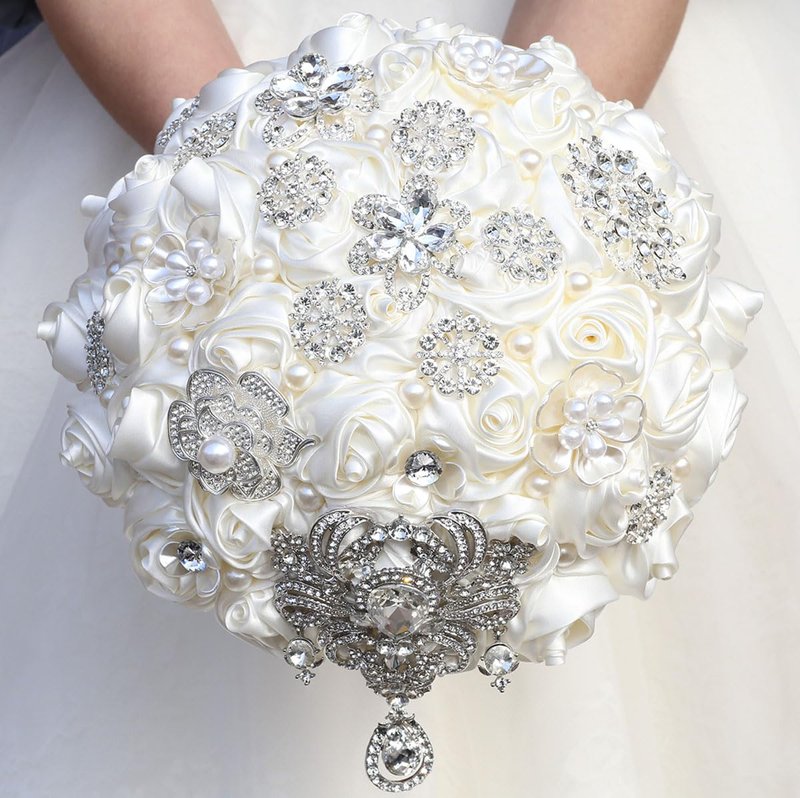Mhojpik Bridal Wedding Bouquet Round Bling Brooch Bouquet Artificial Rose Flower Bunch for Bride Bridesmaid Wedding Quinceanera(Ivory, 9.8")