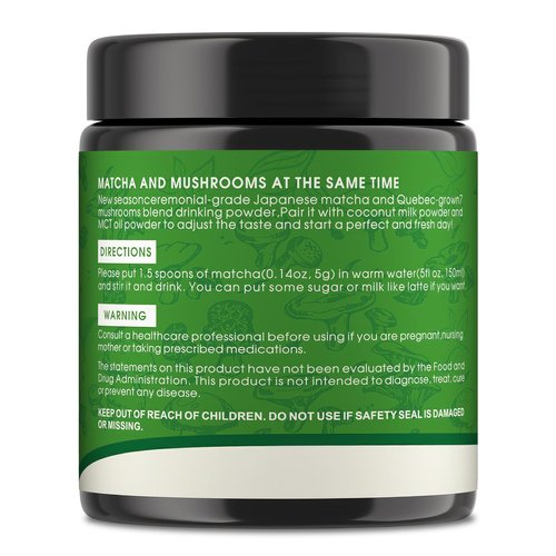 Mushroom Matcha Powder, Japanese Ceremonial Matcha Infused With 7 Superfood Mushrooms, MCT Oil, Coconut Milk Powder, Natural, Gluten Free, Taste Great Matcha Latter 8 Oz(45 Servings)