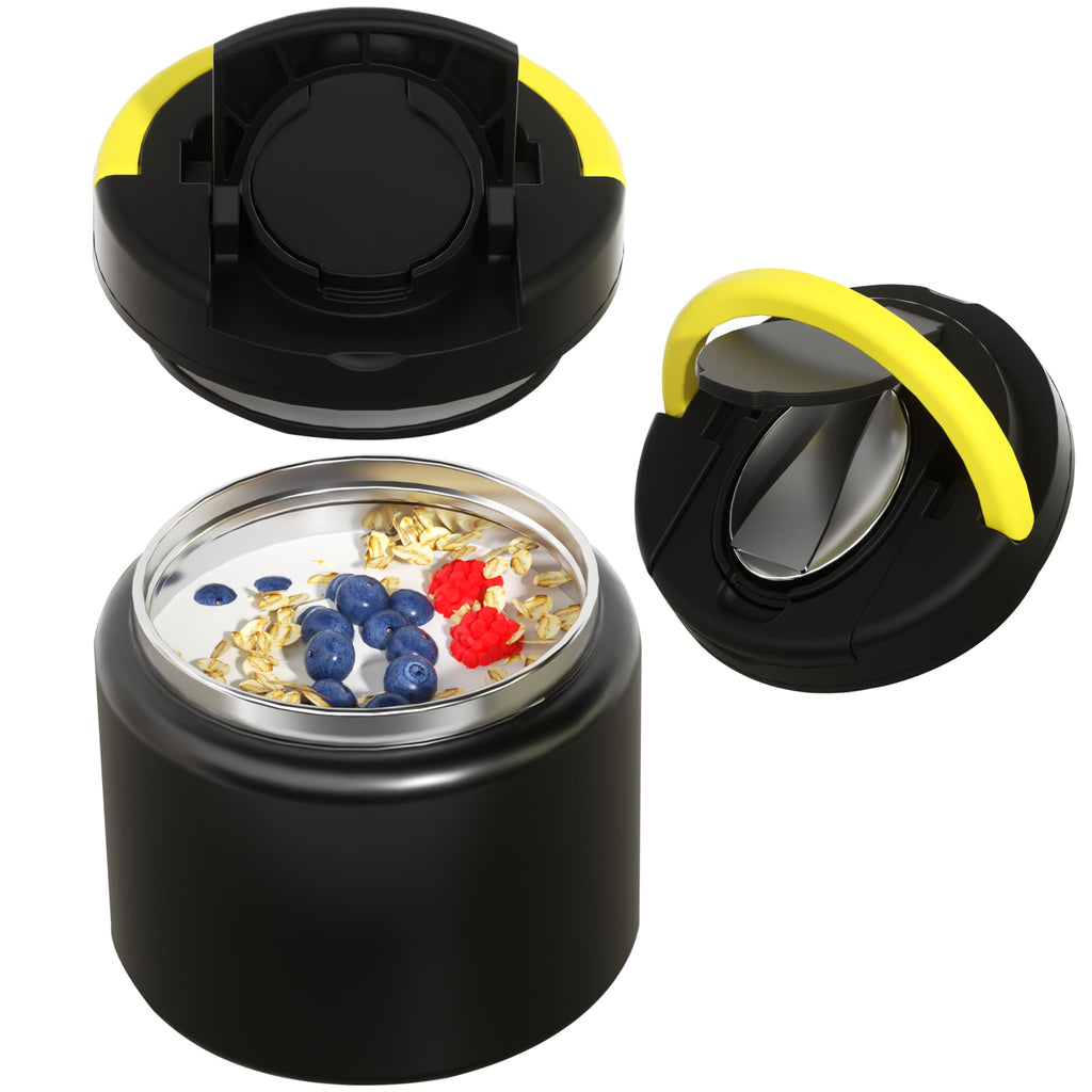 CocoMeiwei 11.8 oz Thermo for Hot Food, Soup Thermo Stainless Steel, Hot Food Container with Fold-up Spoon, Flip Open Lid School Insulated Food Jar, Leak Proof, Keep Hot & Cold for Work, Black