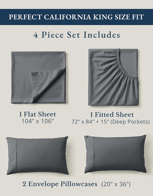 LANE LINEN 100% Organic Cotton California King Sheets Set - Fully Elasticized & Machine Washable | Charcoal