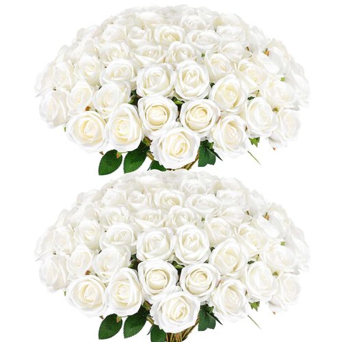 Rowfad 120 Pcs Artificial Roses Bulk Velvet Silk White Roses White Roses for Wedding Centerpieces Bridal Bouquet Mohter's Day Home Decor (120, White)