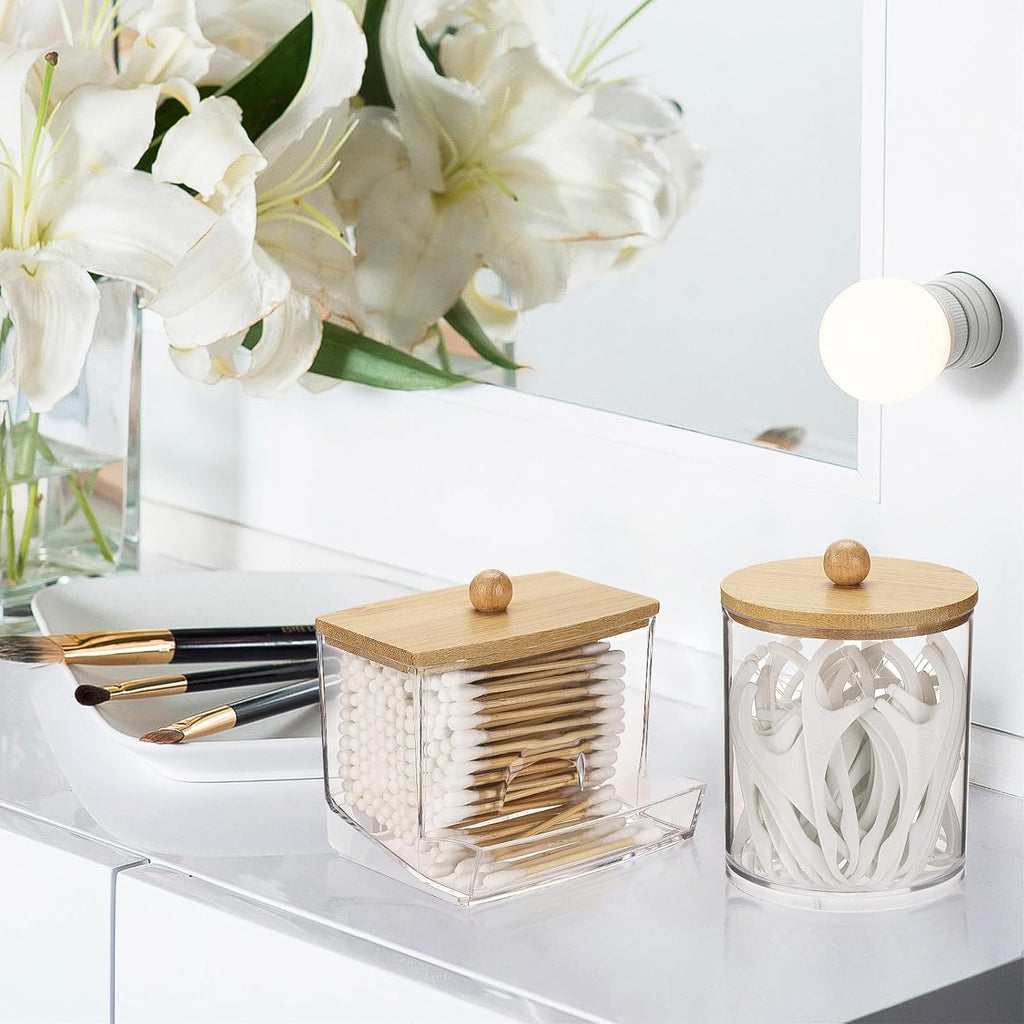 Tbestmax Cotton Swab Dispenser - Stylish Apothecary Jar Organizer with Bamboo Lid | 10/12 oz Capacity