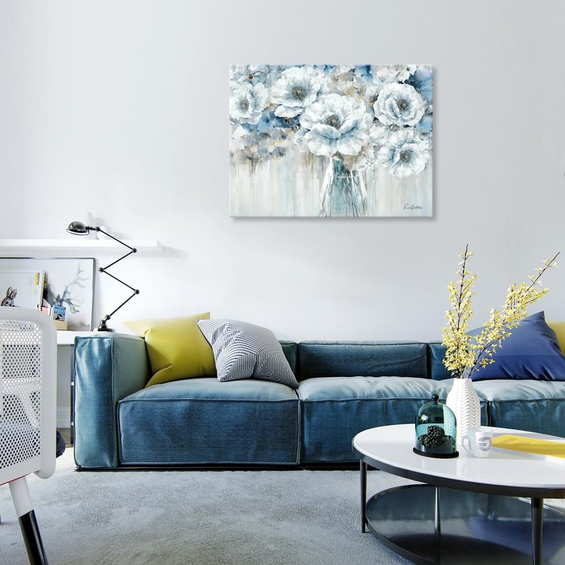 Woxfcart Living Room Flower Canvas Wall Art, Blue and White Floral in Vase with Gold Decoration for Gray Bedroom Bathroom Decor 32 x 24 Inch