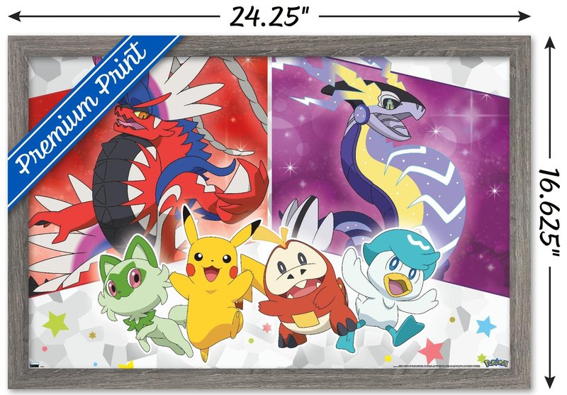 Trends International Pokémon - Group Sparkle Wall Poster, 22.4L x 14.7W, Gray Framed Version