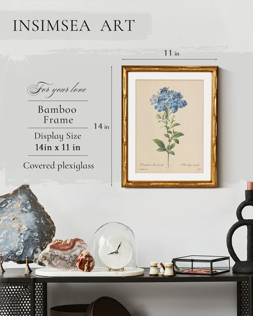 InSimSea Gold Bamboo Framed Canvas Wall Art - Vintage Blue Botanical Prints | Antique Picture Frame, 11x14 Inch