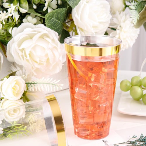I00000 16 oz Gold Plastic Cups, 50 Pack Clear Plastic Cups Tumblers Gold Rimmed Disposable Cup, Heavy-duty Disposable Cup Perfect for Birthday, Wedding & Party
