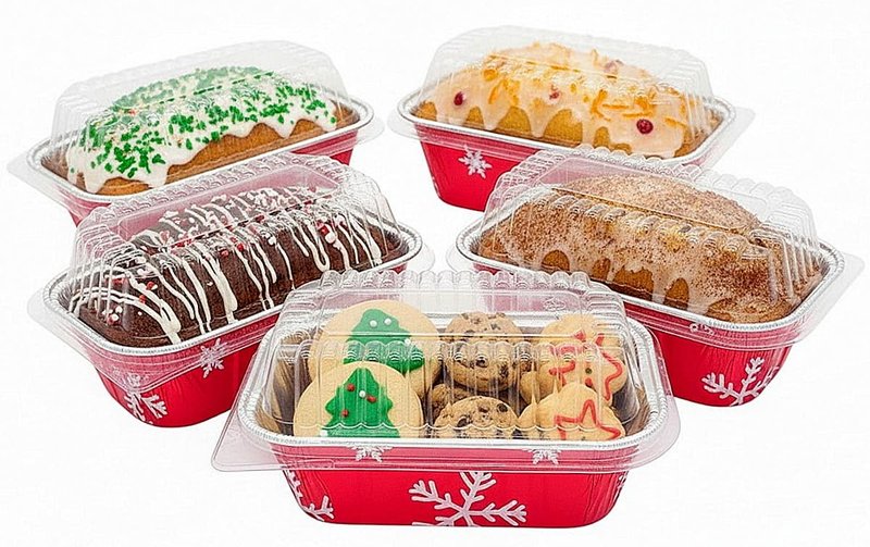 PACTOGO Disposable 1 lb. Red Holiday Christmas Aluminum Foil Small Mini Loaf/Bread Baking Pans with Clear Dome Lids (Pack of 12 Sets)