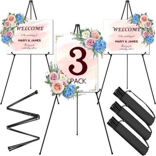 AROIC 63" Portable Metal Easel Stand - Adjustable Floor Easels for Signs, Art & Weddings | 3-Pack with Storage Bags
