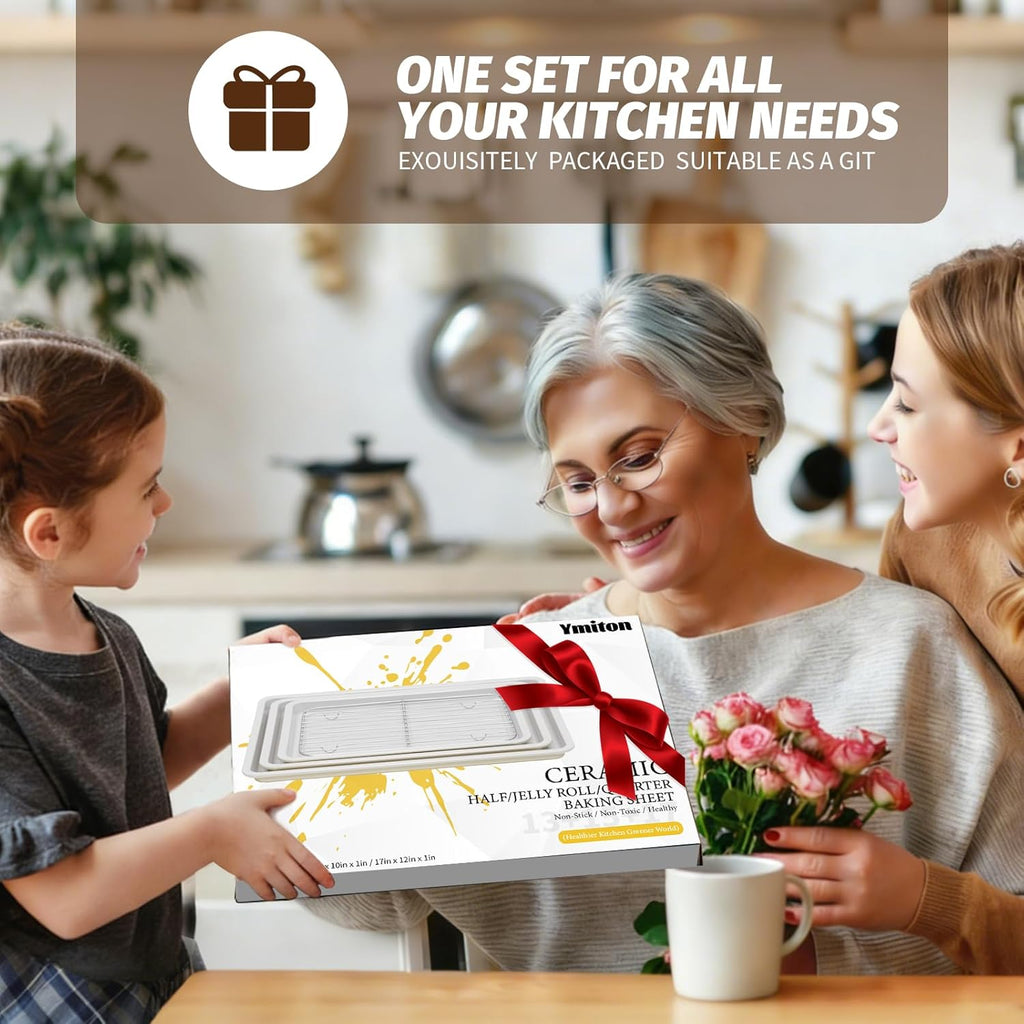 Skiennix Nonstick Ceramic Baking Sheet Set - 3-Pack Half & Quarter Sheet Pans | Oven Safe 550°F, Dishwasher Safe, Non-Toxic