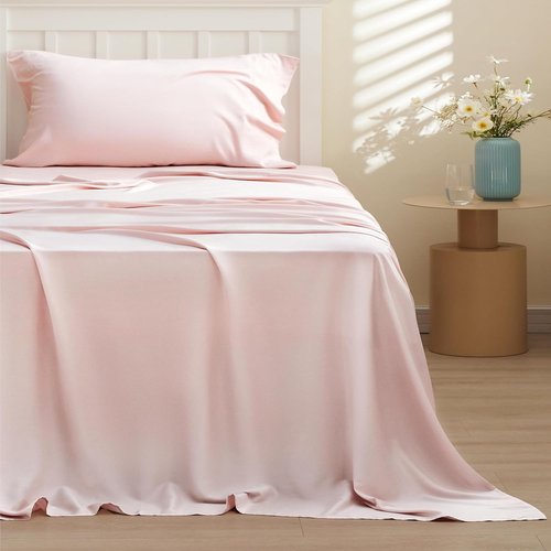 Bedsure Cooling Twin XL Sheets - Breathable Rayon from Bamboo, Soft & Silky, Deep Pocket Up to 16 Inches, Pink