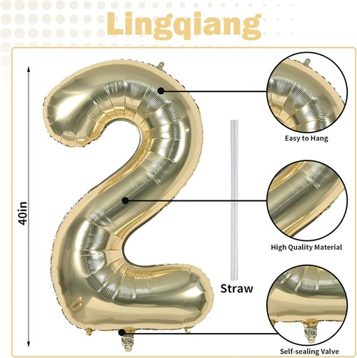 **Champagne Gold 40 Inch Number 2 Balloon Set | Large Foil Helium Balloons for 2nd Birthday & Graduation**