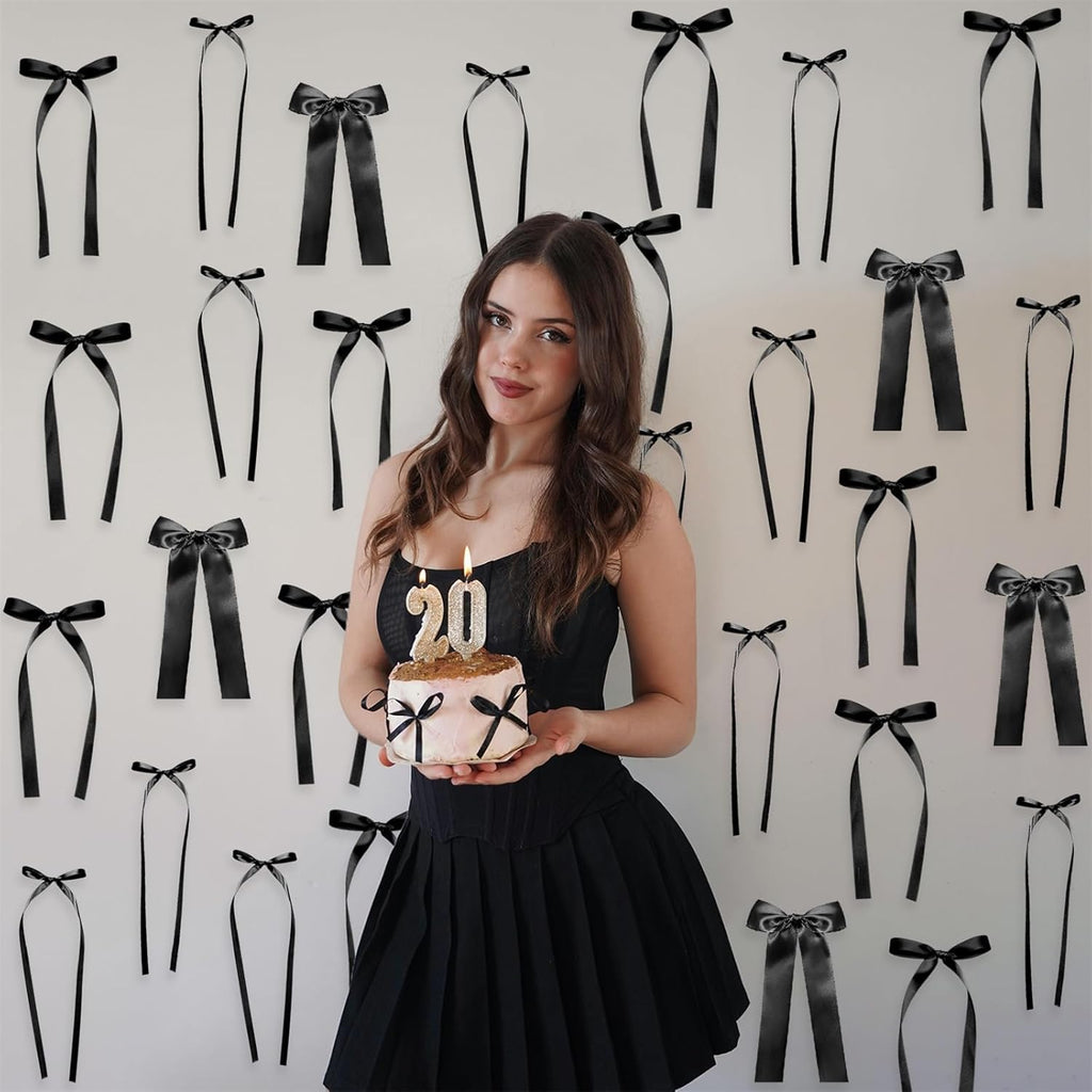 Skiennix Black Bow Birthday Decorations - 45Pcs DIY Ribbon Bow Wall Decor | 3 Sizes for Parties & Events