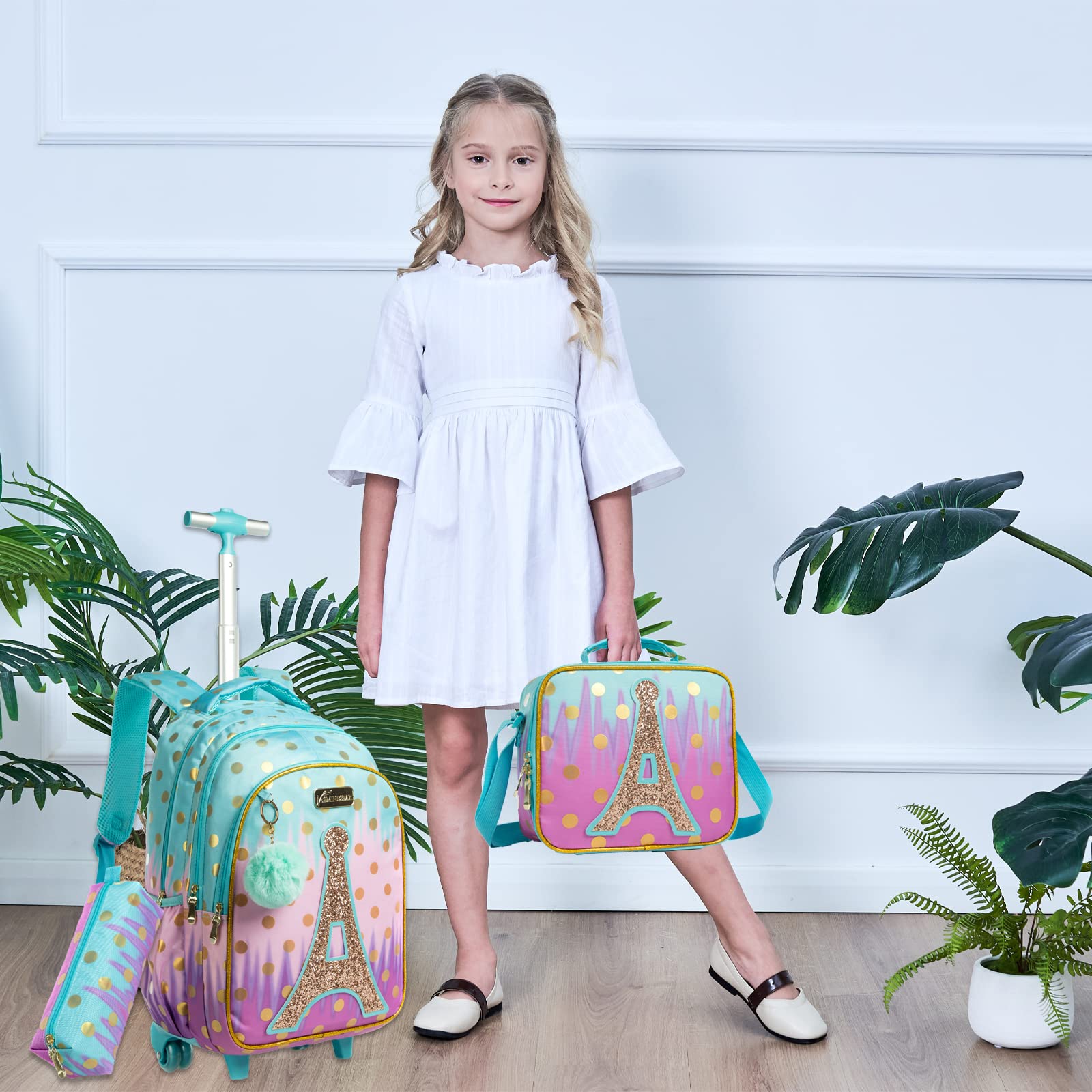 Egchescebo School Bags Kids Rolling Backpack for Girls Luggage Suitcase With Wheels Trolley Wheeled Backpacks for Girls Travel 3PCS Cat Backpack With Lunch for kids Sky Blue Bags