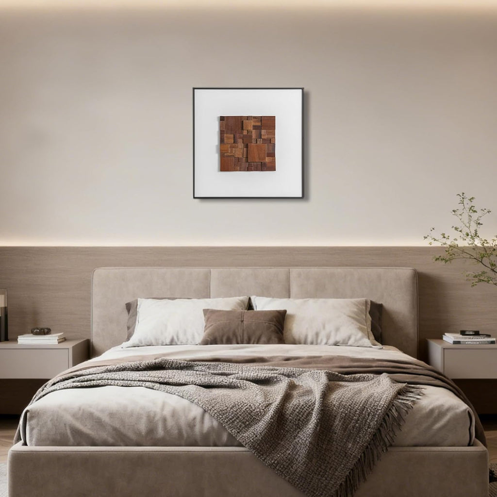 Regine Switzerland 3D Wood Textured Large Framed Abstract Wall Art - Modern Geometric Design (Brown, 24”H x 24”W)