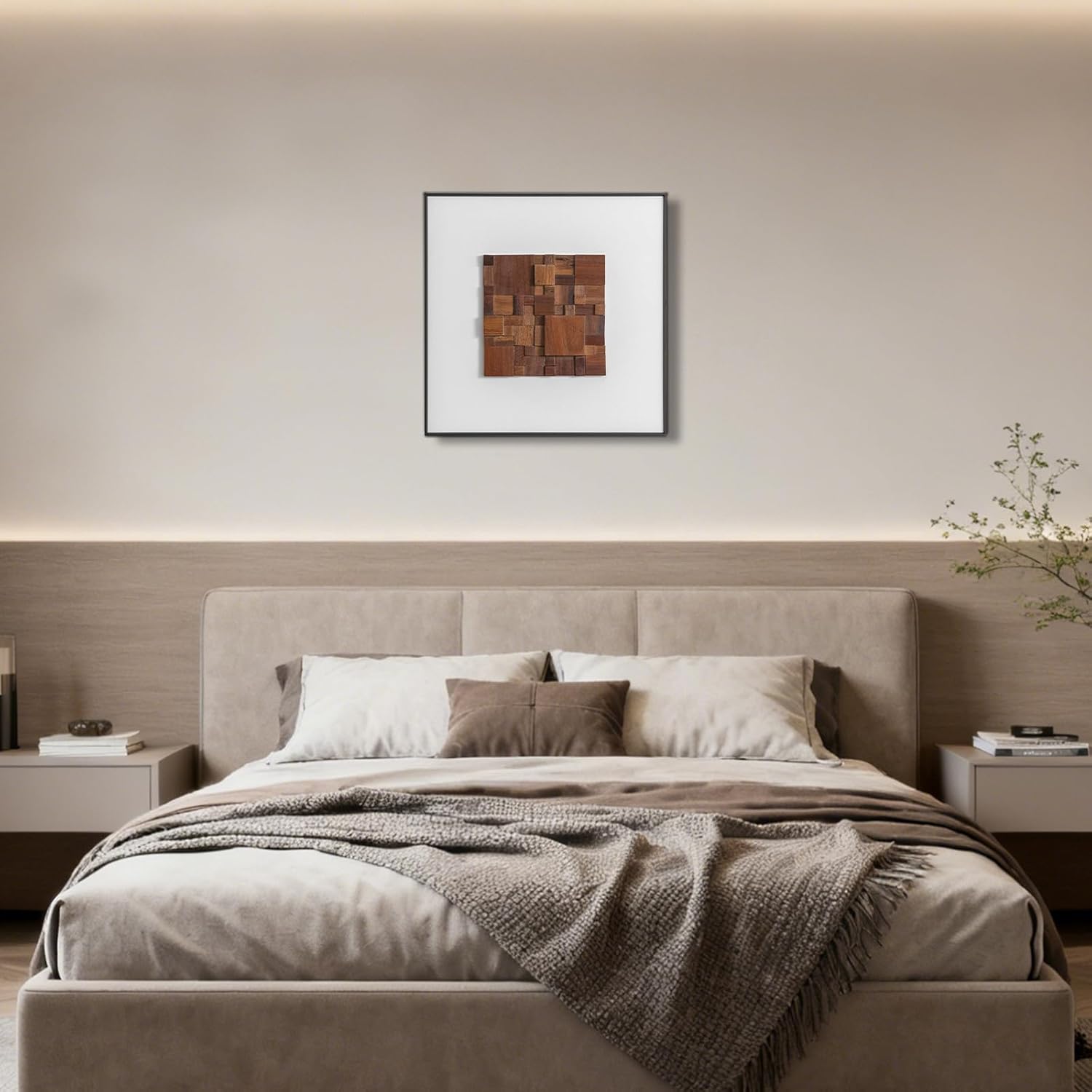 Regine Switzerland 3D Wood Textured Large Framed Abstract Wall Art - Modern Geometric Design (Brown, 24”H x 24”W)