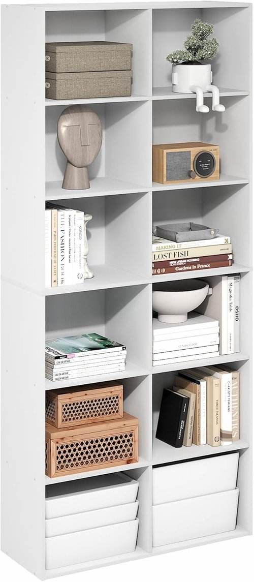 Furinno Basic Book Shelf - 12-Cube Open Shelf Bookcase | Versatile Storage Organizer, Plain White, 12 x 32 x 71
