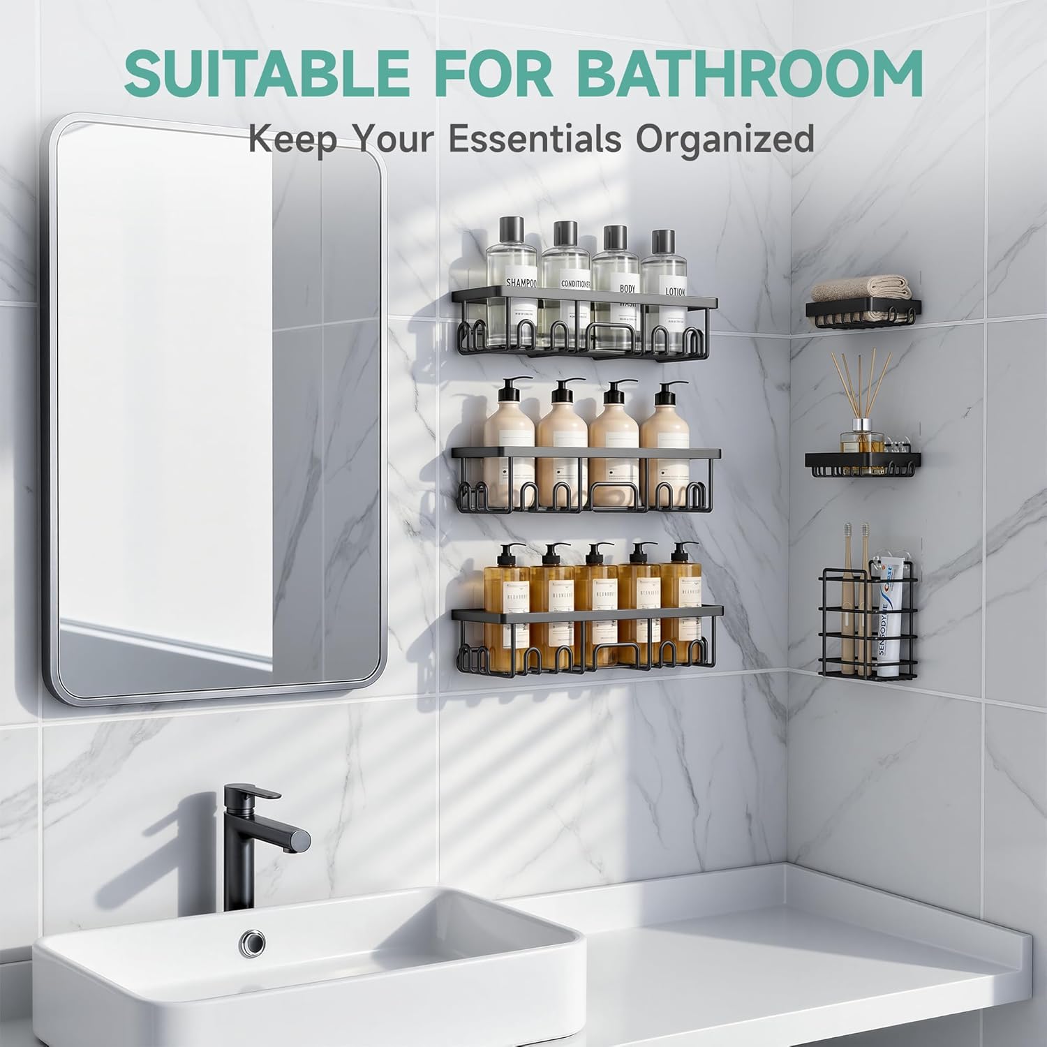 Veken Shower Caddy - Advanced Rustproof Design | No Drilling Adhesive Shelves, Large Capacity Bathroom Organizer