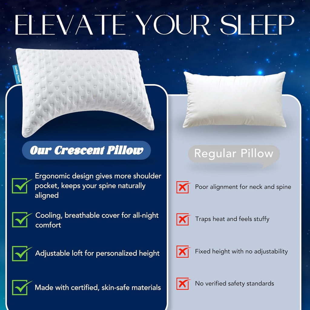 Skiennix Side Sleeper Pillow - Ergonomic Curved Design, Adjustable Memory Foam, Cooling Cover, Queen Size