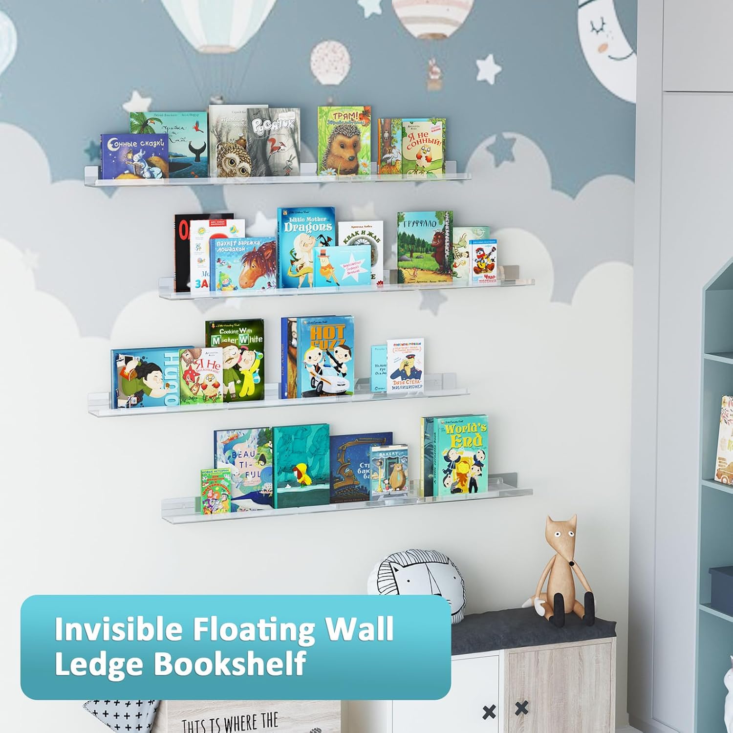 Albumgit 15" Clear Acrylic Floating Shelves - Self-Adhesive Wall Storage for Pop Figures, Pictures & More