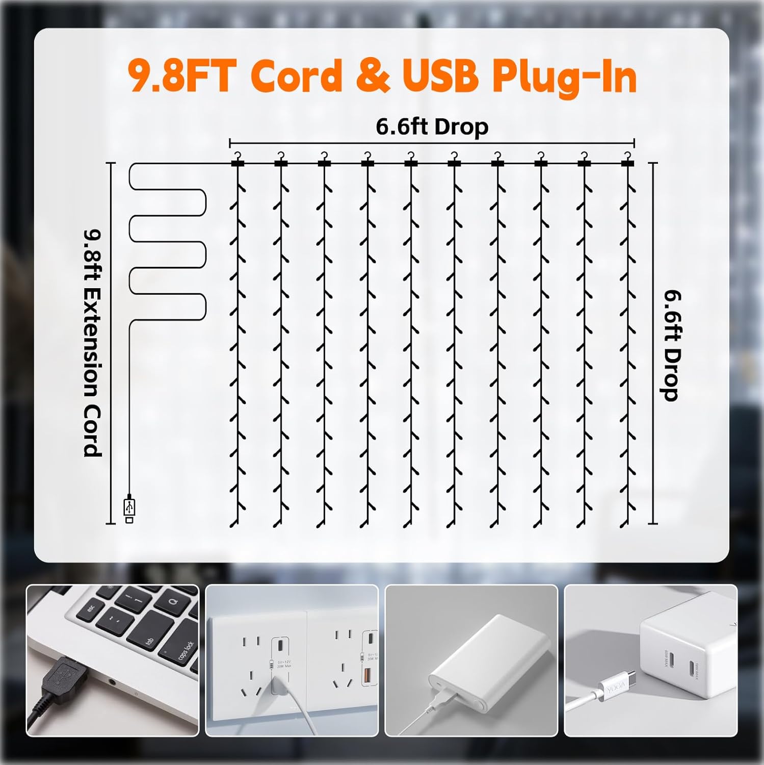 Skiennix 200LED Curtain Light - 6.6x6.6ft White Fairy String Lights with 8 Modes Remote for Indoor Decor