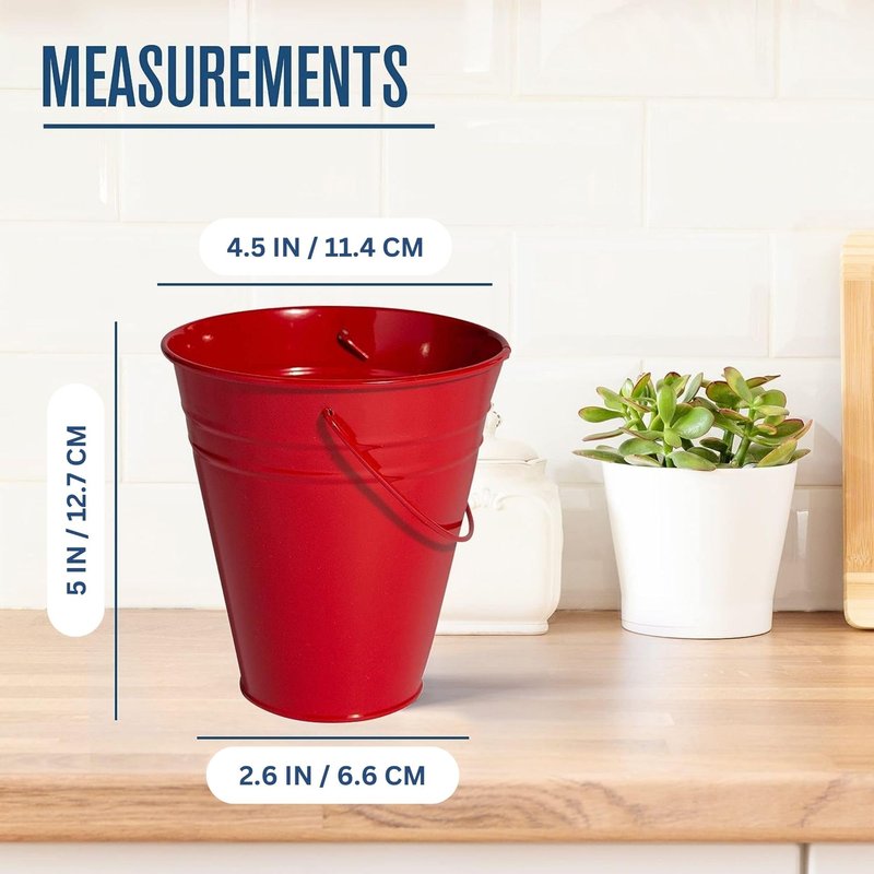 Houseables Red Bucket, Red Metal Bucket, Small Pail, Galvanized Pail, Mini Tin Container, Metal Pale, with Handle, Tin Cans for Crafts, Party Favor, Candy, Flower, Decorative, Little, 5 Inch, 12 Pack