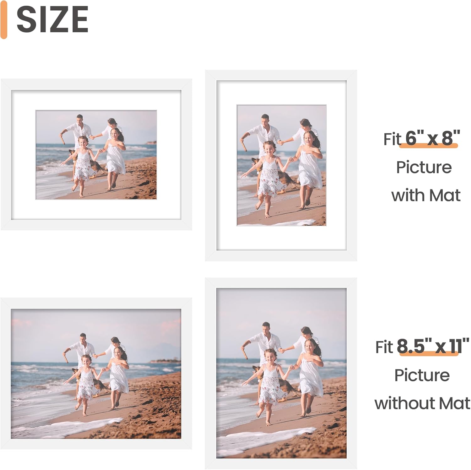 Upsimples 8.5x11 Picture Frame Set of 5 - Versatile Wall Gallery Frames in White for 6x8 or 8.5x11 Photos