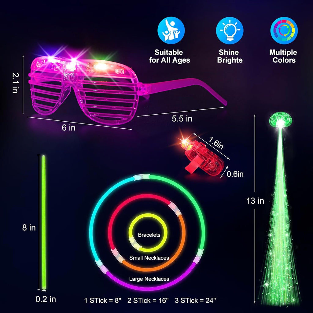 SHQDD Glow in the Dark Party Supplies - 158 PCS LED Glasses, Finger Lights & Glow Sticks | Neon Favors for Events