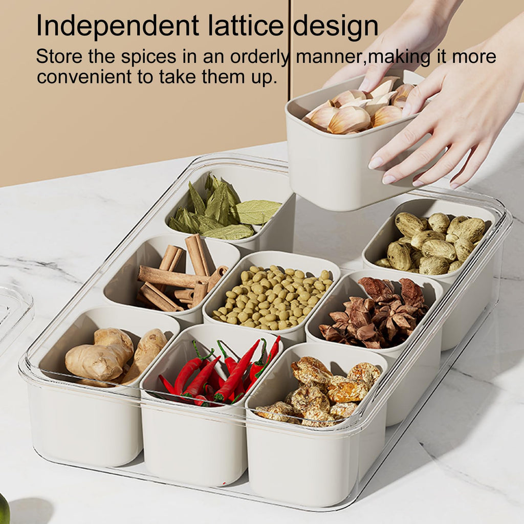 Divided Serving Tray with Lid and Handle - 9 Compartment Snack Box Container Portable Storage Organizer Container for Fruit, Candy, Veggie, Nuts, Spices& Snacks, Perfect for Party, Travel& Picnic