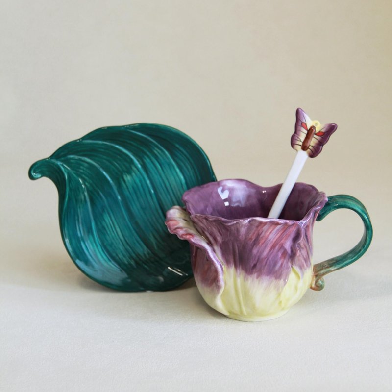 Minigift Ceramic Tea Cup and Saucer Set ，6OZ 3D Hand-Painted Flower and Lotus Leaf Coffee Mug，Gift for Women- Purple Tulip