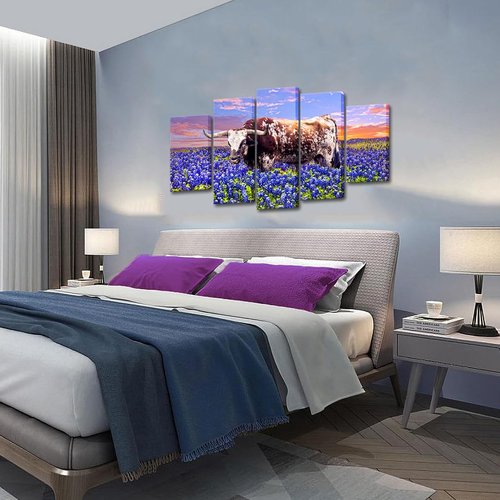 RyounoArt Longhorn Wall Decor Texas Bluebonnet Pictures Painting Bluebonnet Field Canvas Art for Living Room Bedroom Decor Framed Large