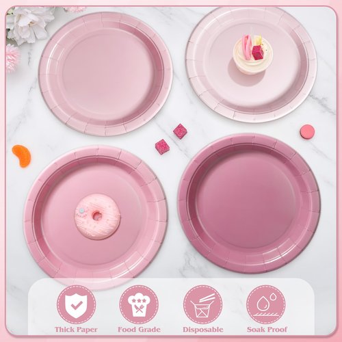 Xiangqu 120 Pcs Dusty Pink Paper Plates, 9 inch Mothers Day Plates Birthday Cake Dessert Plate Gradient Pink Dinner Plate for Mothers Day Baby Bridal Shower Birthday