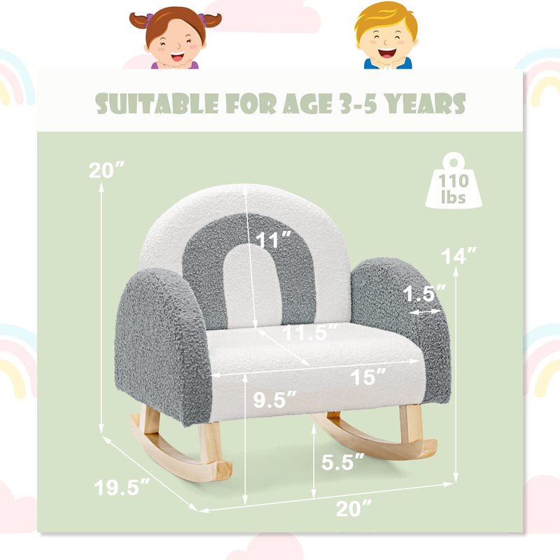 INFANS Kids Sofa, Toddler Rocking Chair with Solid Wooden Frame, Anti-Tipping Design, Plush Fabric, Children Armchair for Nursery Kindergarten Playroom Preschool, Gift for Boys Girls (Grey)