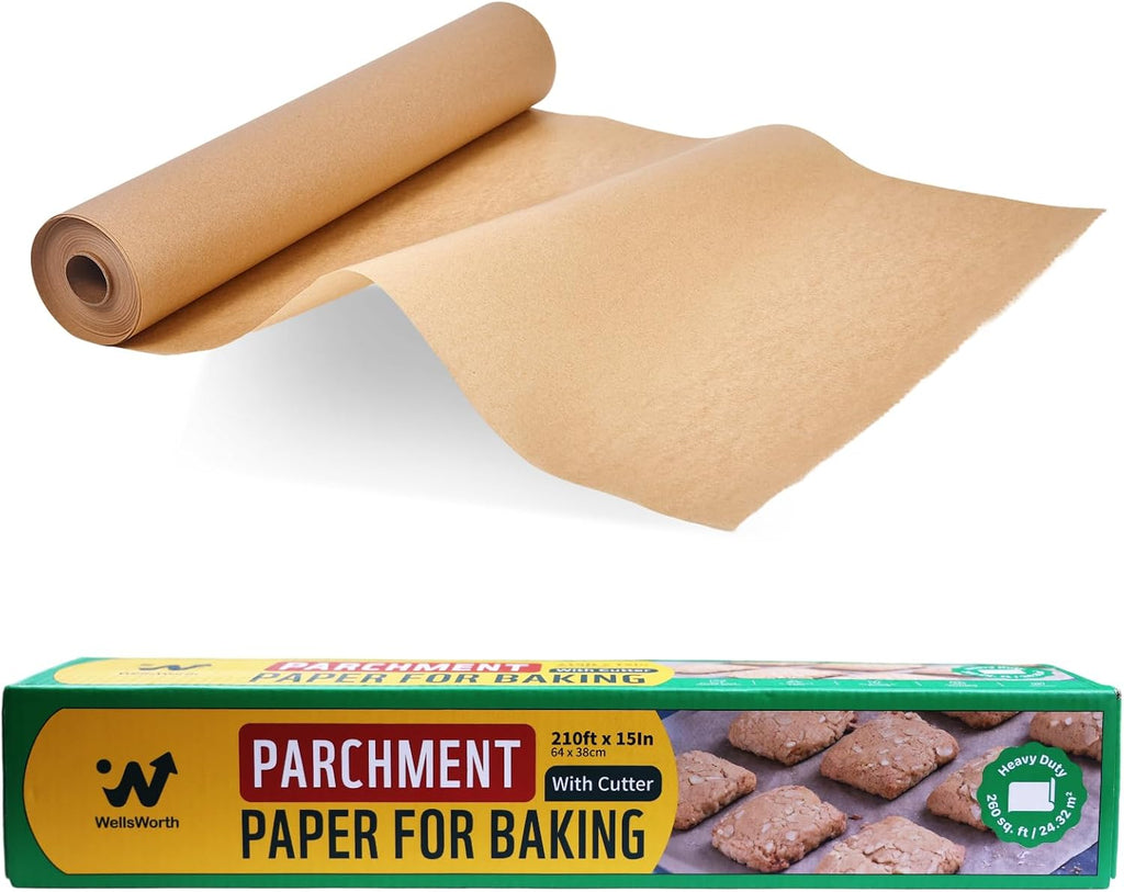 Unbleached Parchment Paper Roll - 15" x 210' Non-Stick Baking Paper | Heat Resistant & Food Grade Brown for Cooking and Grilling